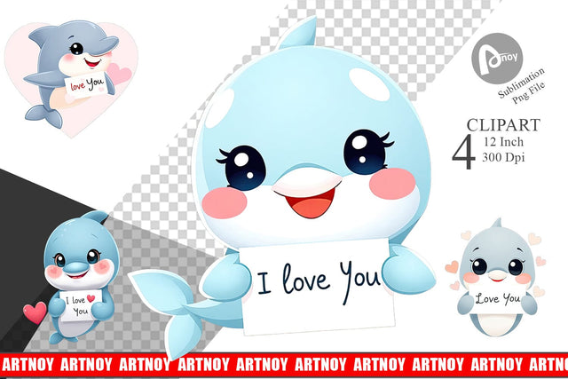 Valentine Dolphin Cartoon Clipart Sublimation artnoy 