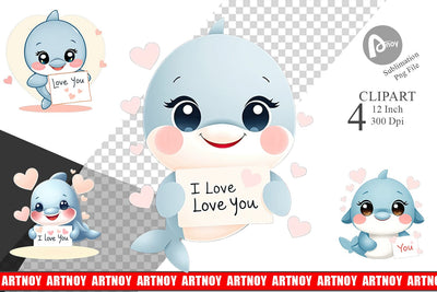 Valentine Dolphin Cartoon Clipart Sublimation artnoy 