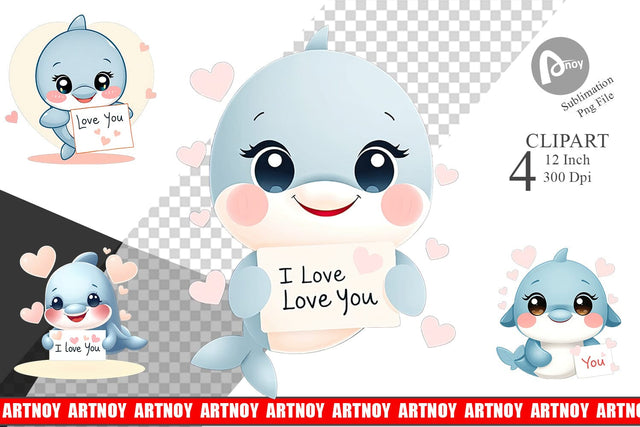 Valentine Dolphin Cartoon Clipart Sublimation artnoy 
