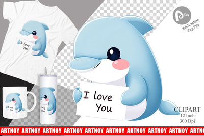 Valentine Dolphin Cartoon Clipart Sublimation artnoy 