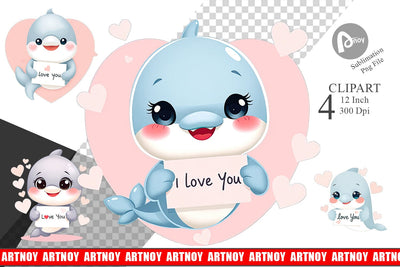 Valentine Dolphin Cartoon Clipart Sublimation artnoy 
