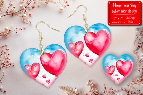 Valentine earrings Sublimation heart earrings Balloons earrings sublimation Heart shape Watercolor clipart Sublimation Createya Design 