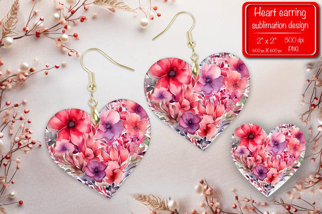 Valentine earrings Sublimation heart earrings Flower earrings sublimation Heart shape Watercolor clipart Sublimation Createya Design 