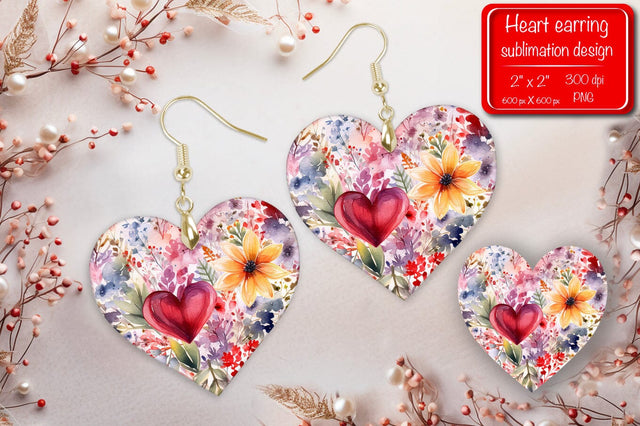 Valentine earrings Sublimation heart earrings Flower earrings sublimation Heart shape Watercolor clipart Sublimation Createya Design 