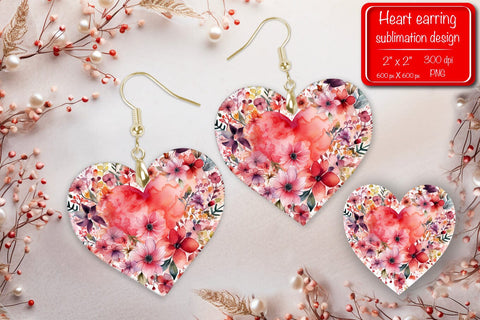 Valentine earrings Sublimation heart earrings Flower earrings sublimation Heart shape Watercolor clipart Sublimation Createya Design 