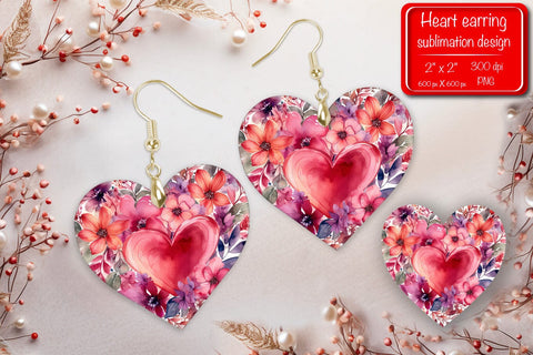 Valentine earrings Sublimation heart earrings Flower earrings sublimation Heart shape Watercolor clipart Sublimation Createya Design 