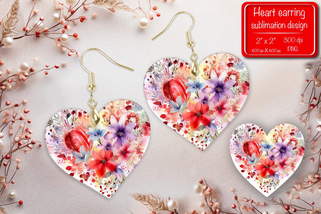 Valentine earrings Sublimation heart earrings Flower earrings sublimation Heart shape Watercolor clipart Sublimation Createya Design 