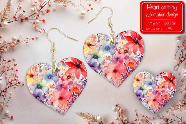 Valentine earrings Sublimation heart earrings Flower earrings sublimation Heart shape Watercolor clipart Sublimation Createya Design 