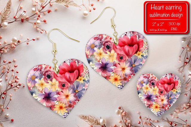 Valentine earrings Sublimation heart earrings Flower earrings sublimation Heart shape Watercolor clipart Sublimation Createya Design 