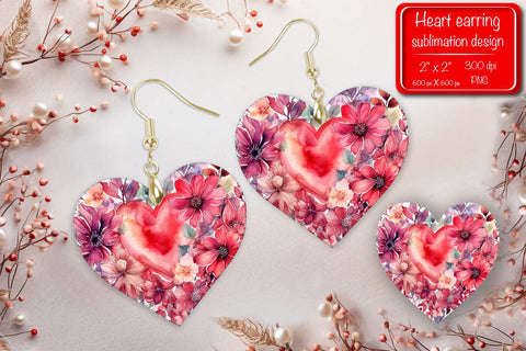 Valentine earrings Sublimation heart earrings Flower earrings sublimation Heart shape Watercolor clipart Sublimation Createya Design 