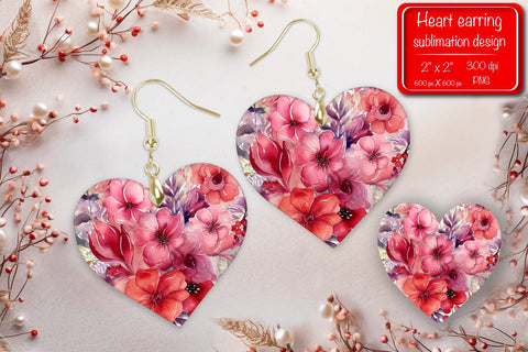 Valentine earrings Sublimation heart earrings Flower earrings sublimation Heart shape Watercolor clipart Sublimation Createya Design 