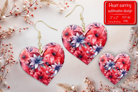 Valentine earrings Sublimation heart earrings Flower earrings sublimation Heart shape Watercolor clipart Sublimation Createya Design 