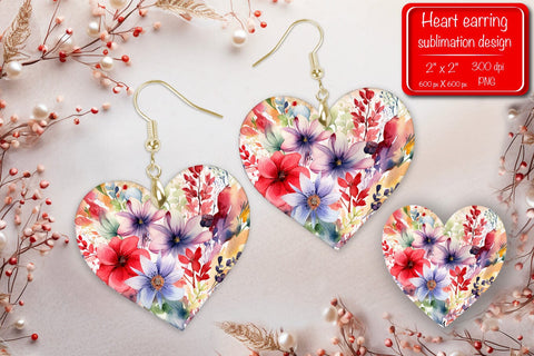 Valentine earrings Sublimation heart earrings Flower earrings sublimation Heart shape Watercolor clipart Sublimation Createya Design 