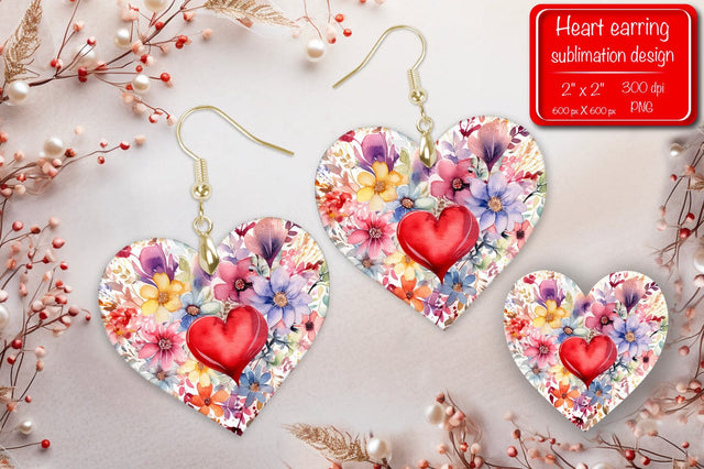 Valentine earrings Sublimation heart earrings Flower earrings sublimation Heart shape Watercolor clipart Sublimation Createya Design 