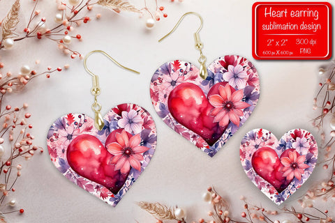 Valentine earrings Sublimation heart earrings Flower earrings sublimation Heart shape Watercolor clipart Sublimation Createya Design 
