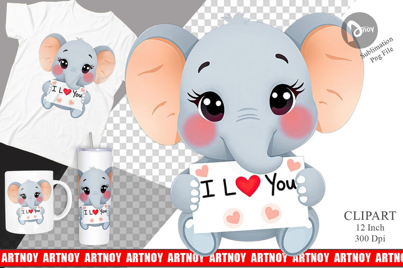 Valentine Elephant Cartoon Clipart Sublimation artnoy 