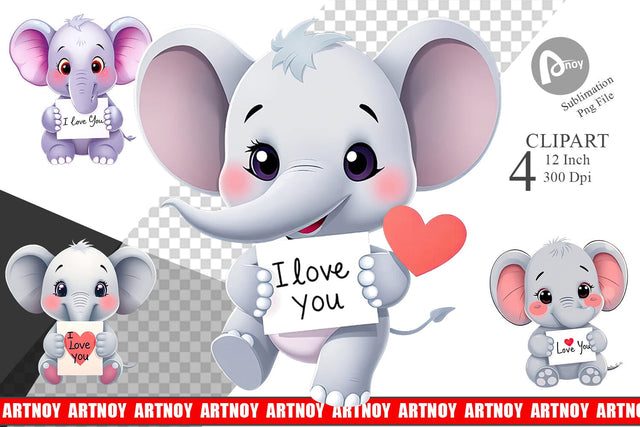 Valentine Elephant Cartoon Clipart Sublimation artnoy 