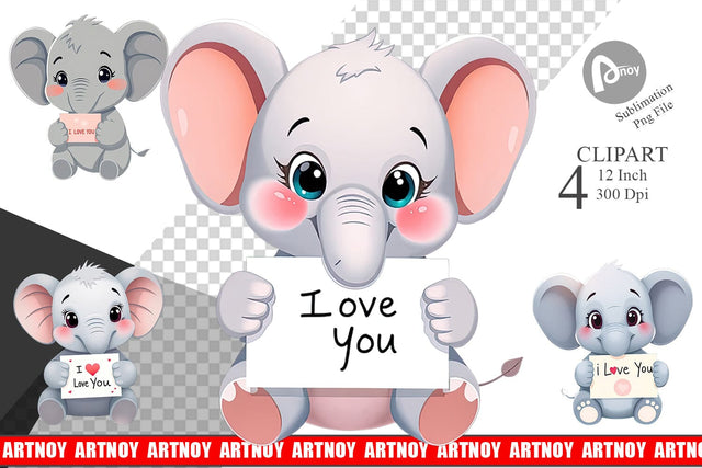 Valentine Elephant Cartoon Clipart Sublimation artnoy 