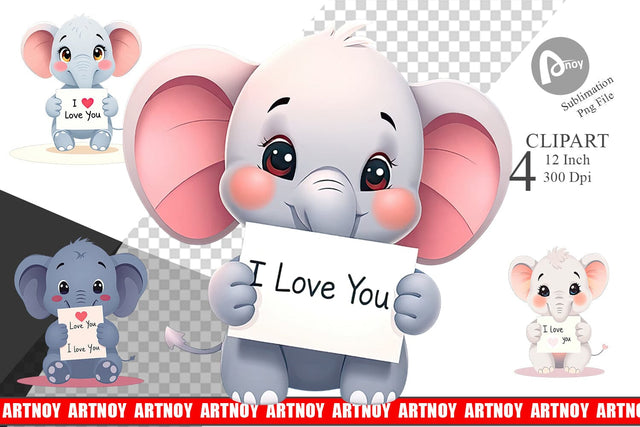 Valentine Elephant Cartoon Clipart Sublimation artnoy 