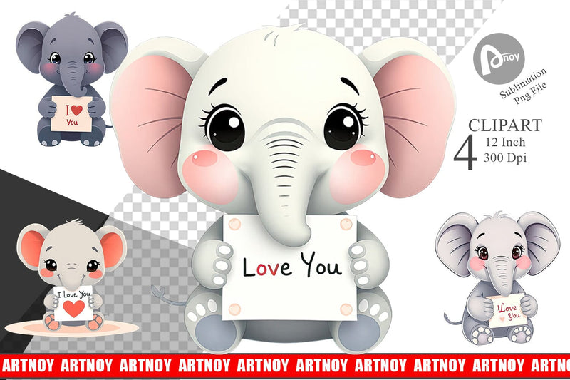 Valentine Elephant Cartoon Clipart Sublimation artnoy 