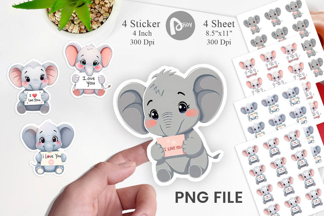 Valentine Elephant Cartoon Sticker Sublimation artnoy 