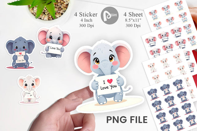 Valentine Elephant Cartoon Sticker Sublimation artnoy 