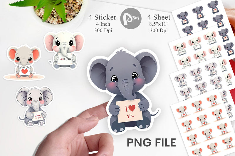 Valentine Elephant Cartoon Sticker Sublimation artnoy 