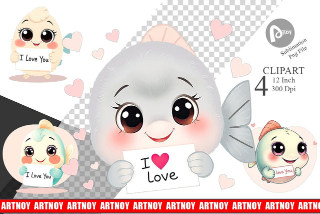 Valentine Fish Cartoon Clipart Sublimation artnoy 