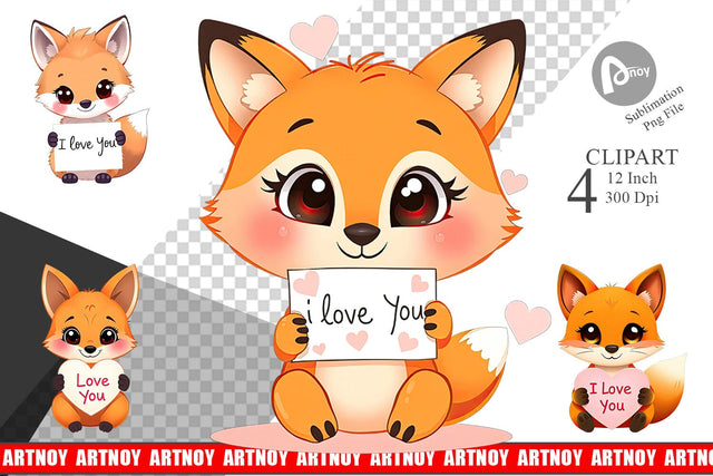 Valentine Fox Cartoon Clipart Sublimation artnoy 