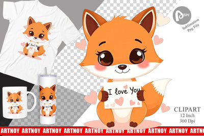 Valentine Fox Cartoon Clipart Sublimation artnoy 