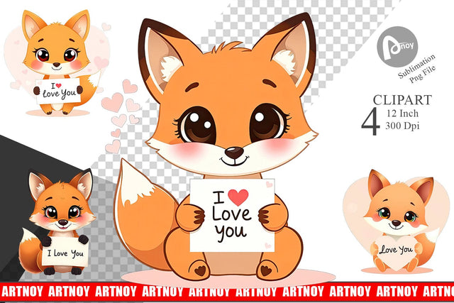 Valentine Fox Cartoon Clipart Sublimation artnoy 