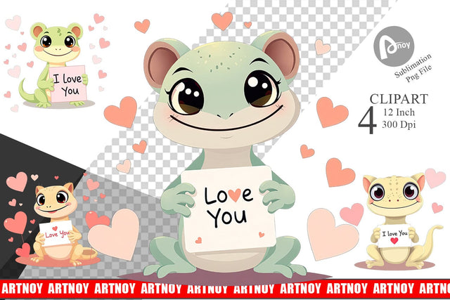 Valentine Gecko Cartoon Clipart Sublimation artnoy 