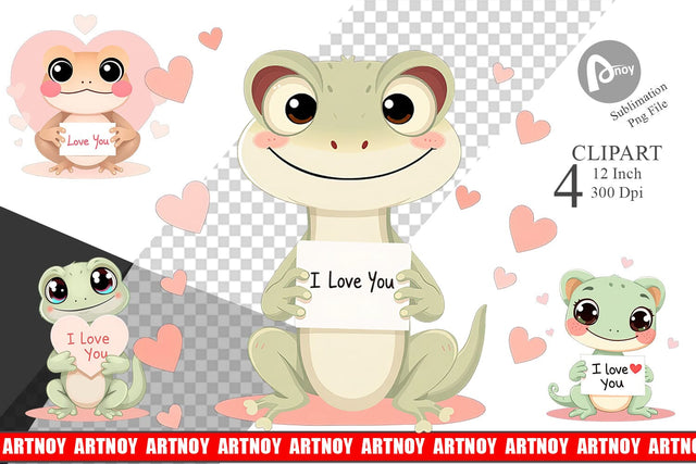 Valentine Gecko Cartoon Clipart Sublimation artnoy 