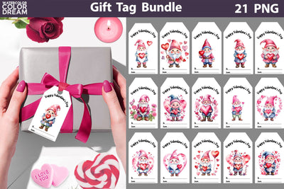 Valentine Gift Tags Bundle | Cute Gnomes Valentine Card Sublimation WatercolorColorDream 