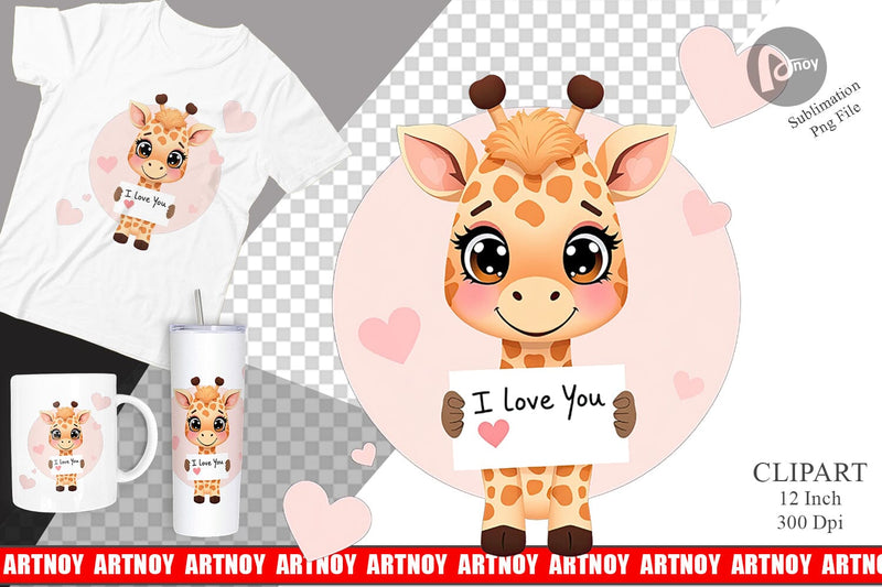 Valentine Giraffe Cartoon Clipart Sublimation artnoy 