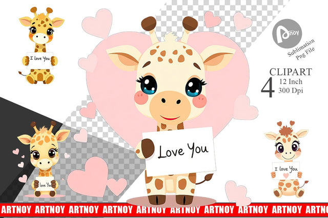 Valentine Giraffe Cartoon Clipart Sublimation artnoy 