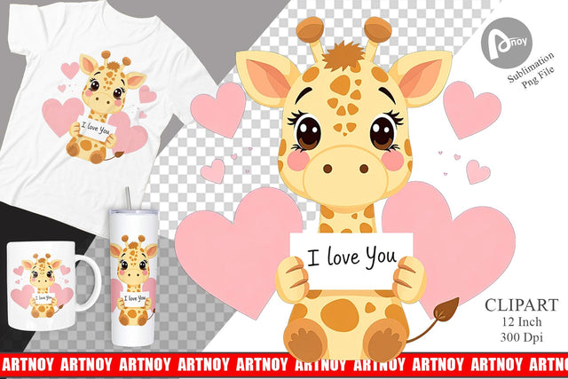 Valentine Giraffe Cartoon Clipart Sublimation artnoy 