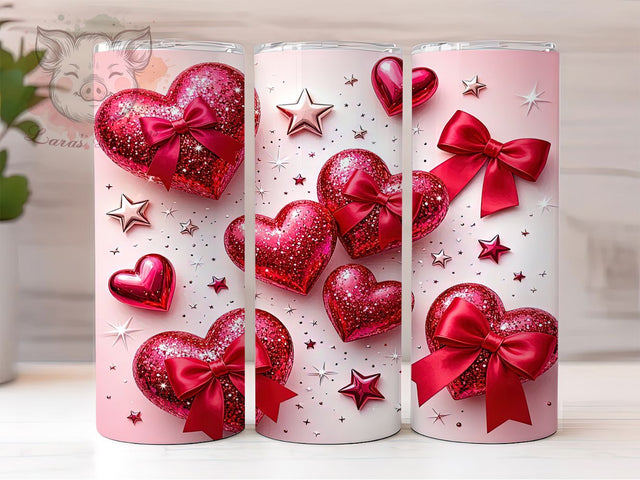 Valentine Glitter Hearts Bows 20oz Tumbler, Valentine Glitter, Hearts Design, Bow Motif, Sublimation Wrap, 20oz Tumbler, Romantic Aesthetic, Love Charm Sublimation Lara' s Designs 