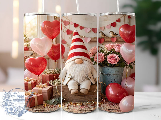 Valentine Gnome Hearts Roses 20oz Tumbler, Valentine Gnome, Hearts Design, Roses Pattern, Sublimation Wrap, 20oz Tumbler, Romantic Aesthetic, Love Charm Sublimation ToriDesigns 