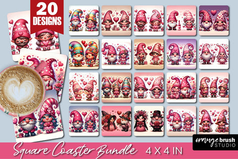 Valentine Gnomes Coaster Bundle - Square Coaster Sublimation Sublimation OrangeBrushStudio 