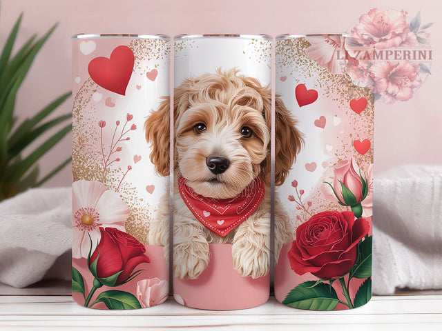 Valentine Goldendoodle Tumbler, Goldendoodle Dog, Dog Lover, Romantic Design, Whimsical Art, 20Oz Tumbler, Sublimation Wrap Sublimation Li Zamperini 