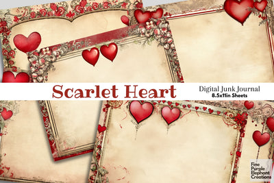 Valentine Heart Frame Digital Junk Journal Double Pages Digital Pattern Fine Purple Elephant Creations 