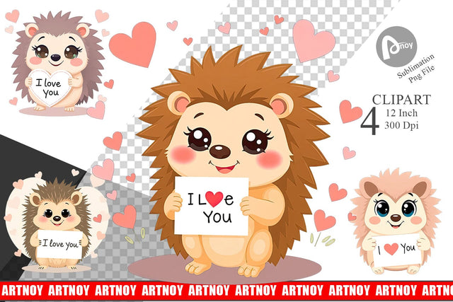 Valentine Hedgehog Cartoon Clipart Sublimation artnoy 