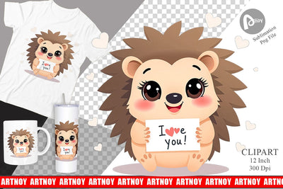 Valentine Hedgehog Cartoon Clipart Sublimation artnoy 