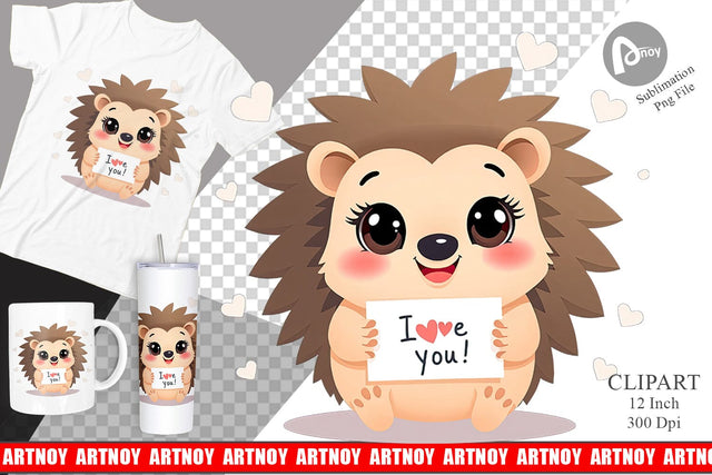 Valentine Hedgehog Cartoon Clipart Sublimation artnoy 