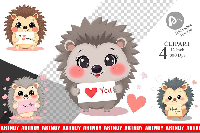 Valentine Hedgehog Cartoon Clipart Sublimation artnoy 