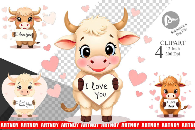 Valentine Highland Cow Cartoon Clipart Sublimation artnoy 
