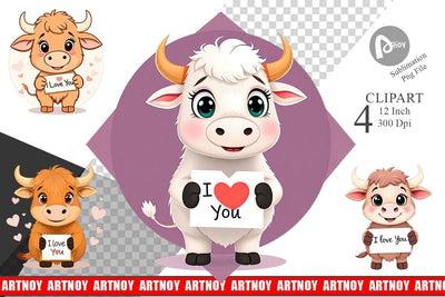 Valentine Highland Cow Cartoon Clipart Sublimation artnoy 