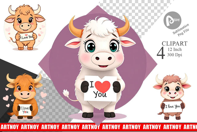 Valentine Highland Cow Cartoon Clipart Sublimation artnoy 
