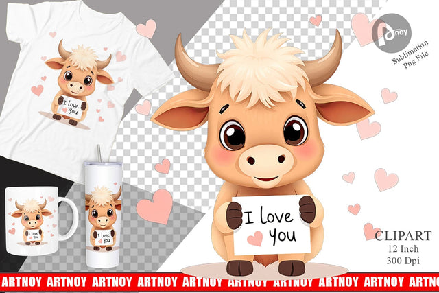 Valentine Highland Cow Cartoon Clipart Sublimation artnoy 